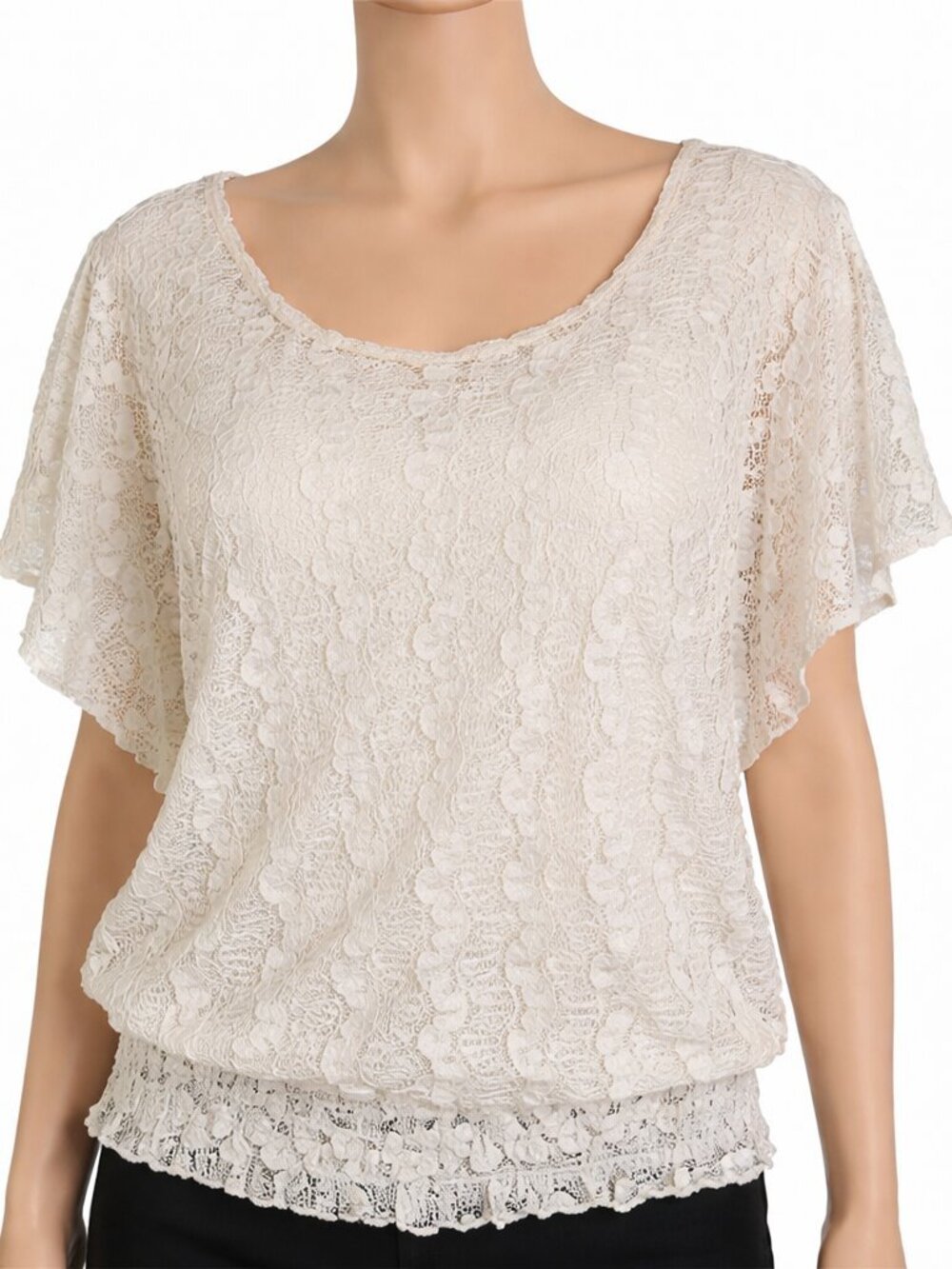 Lavish Blouse Lace Overlay Dolman Sleeve Smocked Hem White Womens Size Large